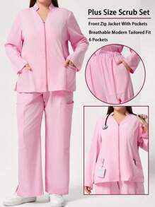 TaskEZ Plus Size Plain Long Sleeve Pocket Simple Top And Pants Uniform Set Scrub Set