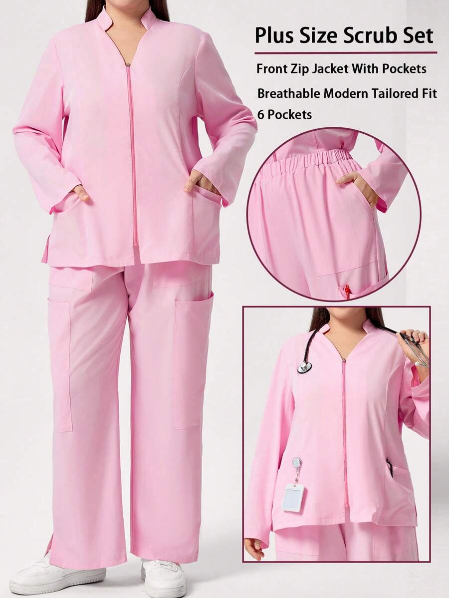 TaskEZ Plus Size Plain Long Sleeve Pocket Simple Top And Pants Uniform Set Scrub Set