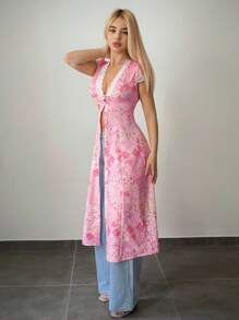 Sweetina Vintage Floral Print Long Slit Hem Women Shirt - Pink - View 4