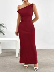 SHEIN EZwear 酒红色提花针织金属纽扣装饰不对称下摆连衣裙 - 酒紅色 - 查看 7