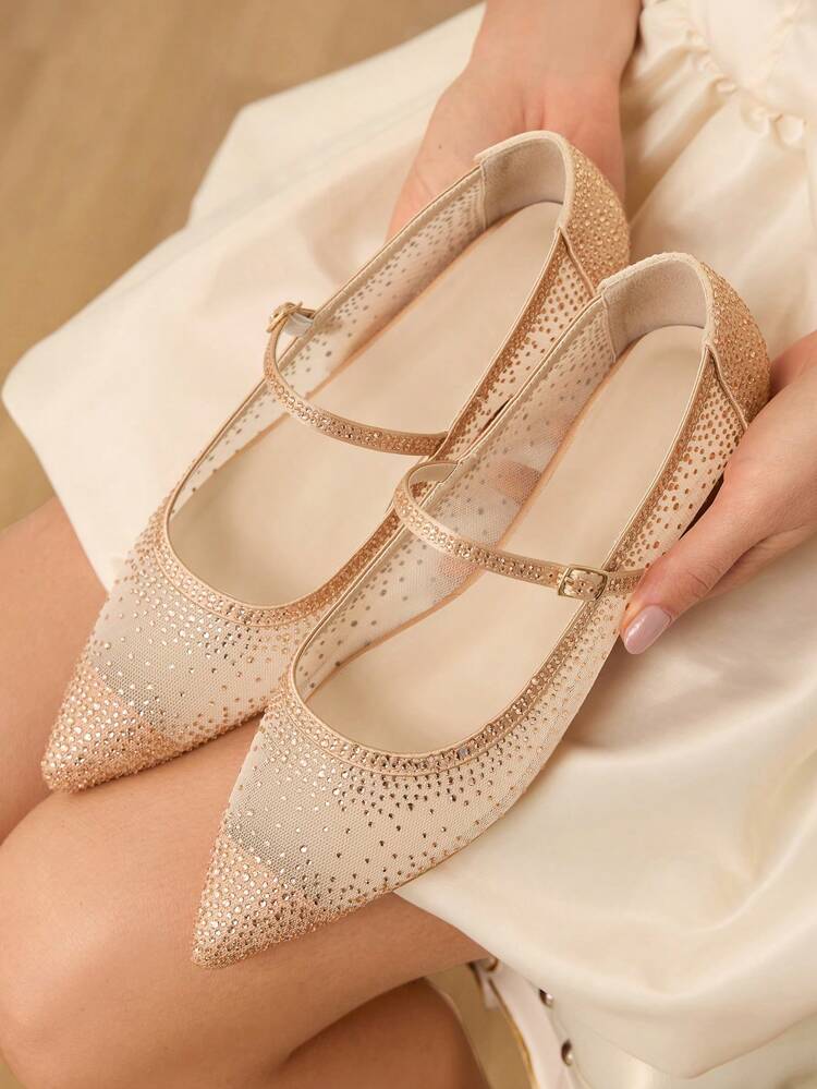 CUCCOO HITCHD Mulheres Moda Sapatilhas Tipo Vestido Bico Fino Enfeitadas com Renda e Strass, Confortáveis para Uso Diário, Festa, Casamento