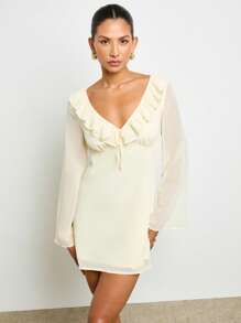 AiiRZ Empire Waist Bell Sleeve Mini Dress With Ruffle Neckline Chiffon Fabric Flowy Summer Spring Party Wedding Guest Special Occasion