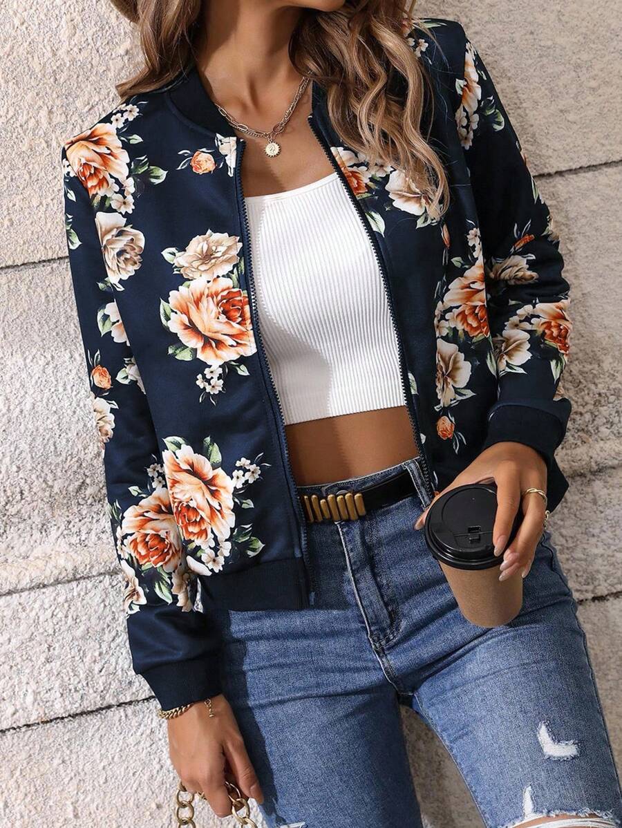 Breezaya 女式花卉印花长袖拉链休闲棒球夹克