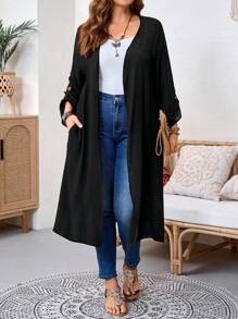 SHEIN Tall CURVE 大尺碼女款秋冬辦公室婚禮度假晚餐外出長款開襟大衣，黑色秋季商務休閒寬鬆優雅 - 黑色 - 查看 3