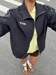 Muchica 女装秋季新款反光条纹美式宽松立领运动夹克 - 黑色 - 查看 3