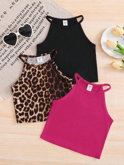 3pcs/Set Young Girl Solid Color Knit Sleeveless Tank Top & Striped Knit Sleeveless Tank Top Girls Crop Top Crop Tops For Girls Cute Tops For Girls Girls Tops Leopard Crop Top Leopard Print Crop Top Halter Neck Crop Top Girls Crop Tops Cute Crop Tops Girls Halter Top