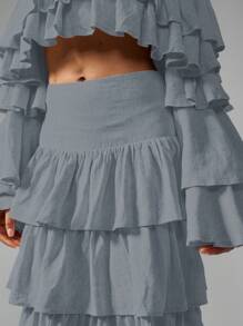 MISSGUIDED Chân váy Maxi xếp tầng dài xếp nếp dài chấm đất bằng vải lanh mùa hè có cạp chun co giãn theo phong cách nông dân Bohemian lễ hội mùa xuân - Xám - Xem 4