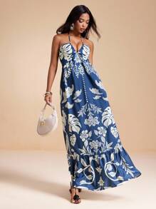 MIRENZI 热带波西米亚风印花褶饰挂脖系带后背褶饰长裙女式夏季度假