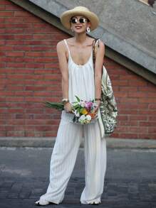DAZY Ensemble de 2 pièces pour femmes, débardeur rayé et pantalon ample à jambes larges. Ensemble de détente color block pour femmes, shorts pour femmes - Blanc - Voir 5