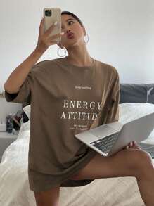 Livesso Women Loose Fit Short Sleeve T-Shirt With Letter Print And Round Neck For Summer Keep Smiling ENERGY ATTITUDE See The Good Time For Happiness Oversized T-Shirt