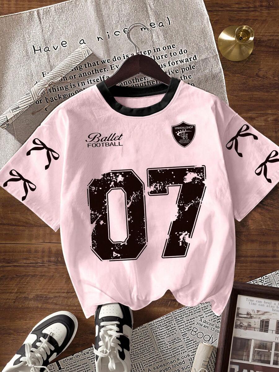 INAWLY 女士字母与蝴蝶结印花圆领短袖T恤，夏季 - 彩色 - 查看 1