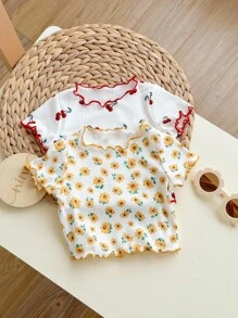 嬰兒女童休閒花朵&櫻桃圖案短袖上衣2入組 - 彩色 - 查看 4