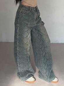 DAZY Jeans casuales versátiles de pierna ancha y bolsillos con estampado de piel de serpiente para mujeres