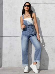 SHEIN PETITE 女式夏季休闲水洗口袋牛仔背带裤 - 淺色水洗藍 - 查看 3