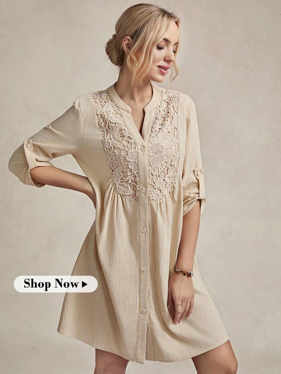 Wildy Contrast Lace Roll Tab Sleeve Button Front Smock Dress