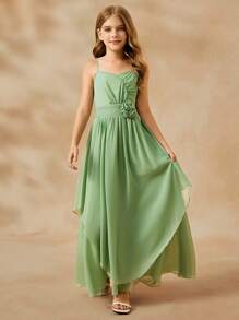 SHEIN Vestido formal elegante de flores para niña preadolescente, vestido de princesa de gasa verde con tirantes de espagueti y decoración floral 3D para vestido de dama de honor preadolescente, vestido de dama de honor junior verde salvia - Verde - Ver 3