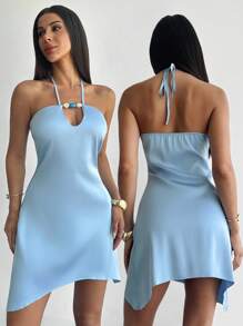 Firerie Women Satin Colorful Beaded Casual Sexy Vacation Mini Dress, Summer Dress, Spring Summer Clothing, Beach Outfit, Elegant, Sexy, Vacation, Beach, Bohemian, Hawaii, Music Festival - Blue - View 1