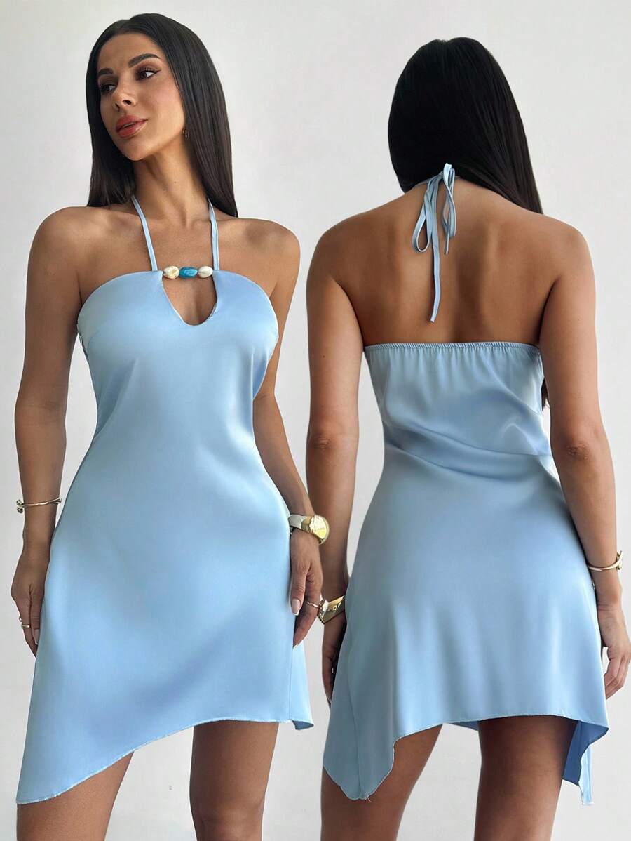 Firerie Women Satin Colorful Beaded Casual Sexy Vacation Mini Dress, Summer Dress, Spring Summer Clothing, Beach Outfit, Elegant, Sexy, Vacation, Beach, Bohemian, Hawaii, Music Festival - Blue - View 1