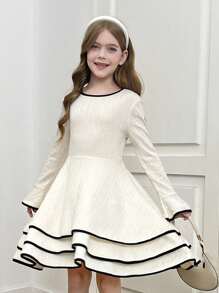 SHEIN Tween Girls 优雅拼布对比黑色滚边饰边分层下摆喇叭长袖连衣裙，秋冬连衣裙，适合秋冬季休闲日常穿着和学校日常穿着，返校 - 杏色 - 查看 12