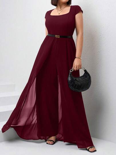 Chikora 大码纯色方领裹身优雅连体裤