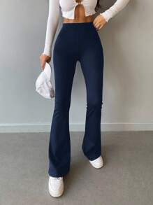 High Waist Flare Leg Pants - Navy Blue - View 3