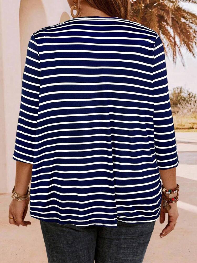 Plus Size Women Summer Vacation Striped 3/4 Sleeve Jacket