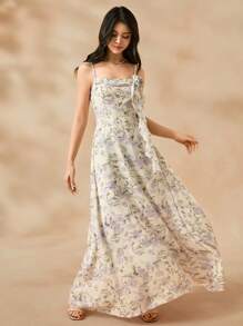 SHEIN 少女优雅碎花雪纺连衣裙，适合婚礼、舞会、正式活动的花童礼服，女童公主派对礼服 - 杏色 - 查看 7