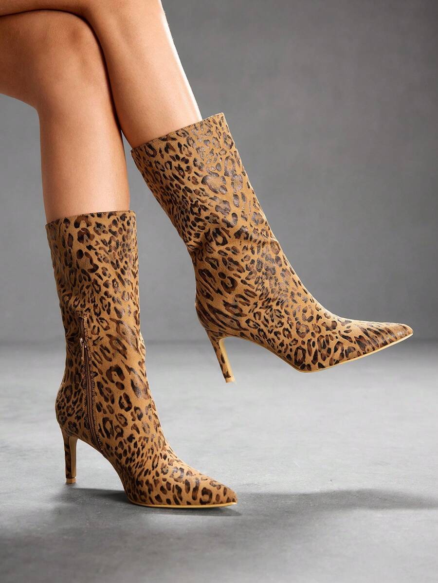 CUCCOO SZL 女士豹纹尖头高跟侧拉链时尚踝靴 - 彩色 - 查看 1