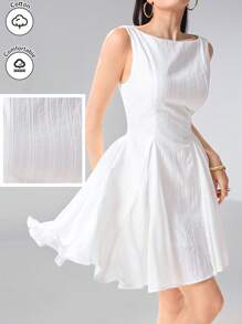 Heiryn Women's Summer Solid Color Round Neck Sleeveless Casual Short White Dress