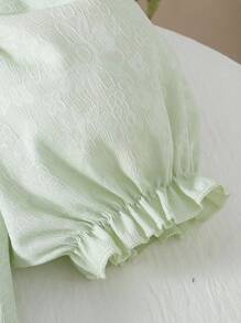 SHEIN 女童花卉蕾丝领提花腰部喇叭下摆连衣裙，蓝色 - 綠色 - 查看 4