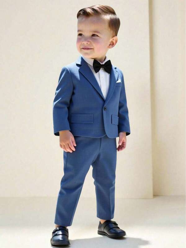 Souflis Souflis 2 piezas Conjunto formal elegante de niño pequeño tipo caballero, que incluye chaqueta tipo blazer de manga larga con bolsillos falsos y pantalones de cintura elástica, sin camisa, sin moño, adecuado para primavera/otoño, de 6 meses a 3 años, atuendo formal para boda, actuación, fiesta, cumpleaños, Navidad, graduación