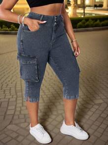 Maweii Plus Size Women Summer Cowgirl Outfit Elastic Blue & Black Cargo Capri Skinny Jeans With Pocket & Slit Summer Outfits For Women Festival Outfits  Cargo Jeans For Women