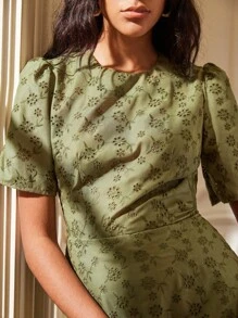 Écloséra 女式花卉印花露背优雅短袖连衣裙 - 綠色 - 查看 6