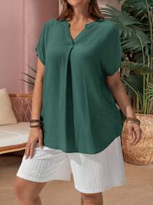 EMERY ROSE Plus Size Women's Solid Color V-Neck Batwing Short Sleeve Casual Shirt - Dark Green - View 4