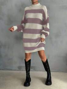 EURMUSE Women Drop Shoulder Sweater Dress With Striped Pattern,Petite - Rusty Rose - View 7