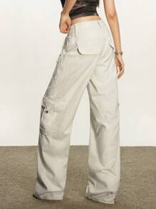 Rina Fox Jeans cargo casuales de ajuste ceñido con bolsillos parche de unicolor - Albaricoque - Ver 2