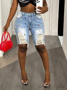 BamGleam Quần short denim thời trang đính đá có tua rua bỏ túi cho nữ - Màu xanh lam - Xem 7