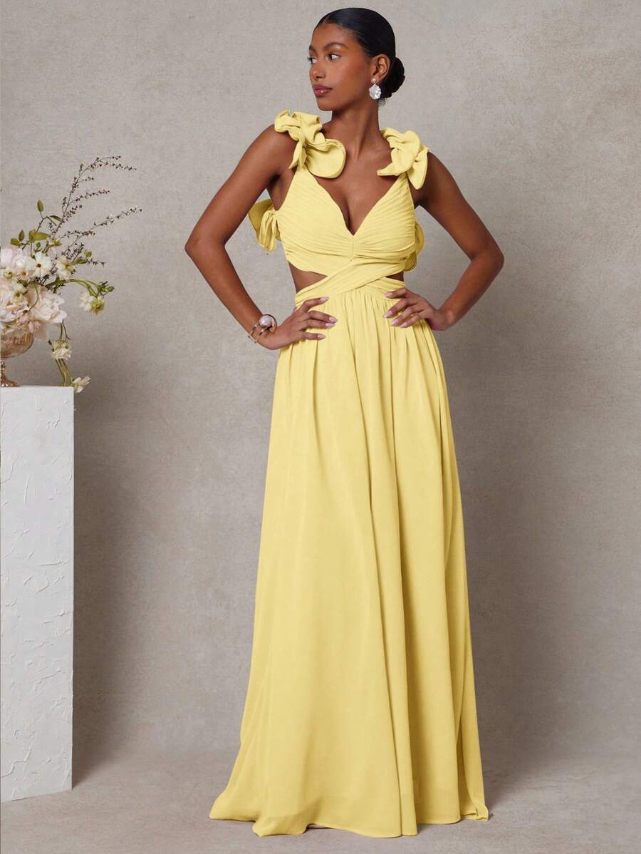 L'Amorae Elegantes Damen Maxikleid mit gerüschten Träger-Rückendetails, Plissee-Details und Ausschnitt, fließendes Sommerkleid, Hochzeitsgast Kleid für Damen, Sommeroutfit für Damen, Abendkleider für Damen