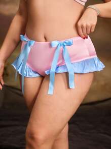 Plus Size Vintage Pink Contrast Color Satin Ruffle Trim Bow Romantic Sweet Juicy Panties - Pink - View 4