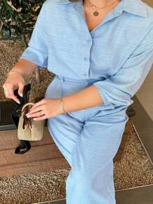 Dazy Plus 2pcs/Set High-End Blouse Top & Fashion Casual Pants, Plus Size Ladies Set