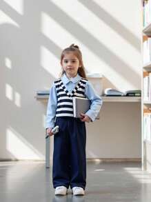 Young Girls 2pcs Set - Long Sleeve Striped Blue Shirt And Wide-Leg Denim Pants, Casual Commuting Chic Outfit, Thick & Lightweight, Suitable For Autumn, Back To School And All Season Fall Winter - Blue - View 4
