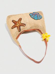 ROMWE Fairycore 1 件热带海滩度假风格芙蓉装饰卡其色女士单肩包，闪粉贴片装饰草编度假包 - 彩色 - 查看 5