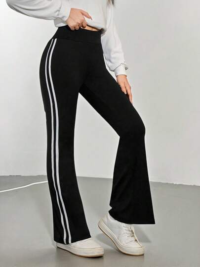 青少年女孩條紋圖案側喇叭褲