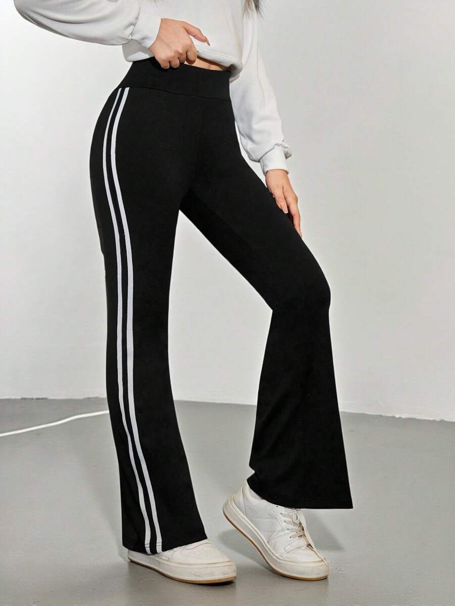 青少年女孩條紋圖案側喇叭褲