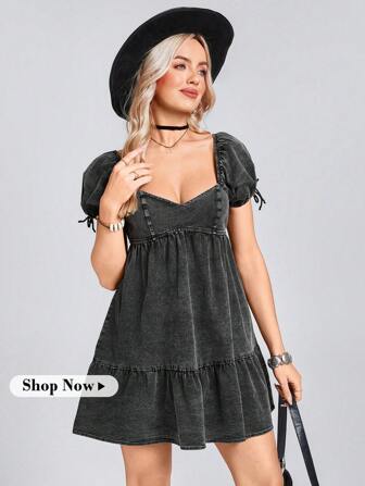 Wildy Robe patineuse en jean délavé à manches bouffantes et encolure carrée ajustée pour femmes