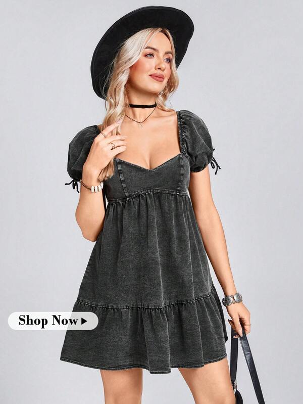 Wildy Rochie de vară pentru femei, cu mâneci bufante, cu gât pătrat, din denim spălat, scurtă
