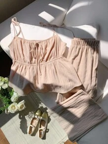 Comfortcana Women's Summer Vacation Linen Casual Solid Color Camisole And Pants Two Pieces Set, Suitable For Vacation Wear