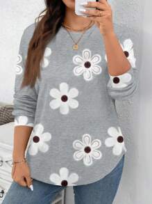 EMERY ROSE Casual Minimalist Floral Print Plus Size Loose Fit Crew Neck Sweatshirt ,Flower/Spring/Summer/Vacation - Multicolor - View 2