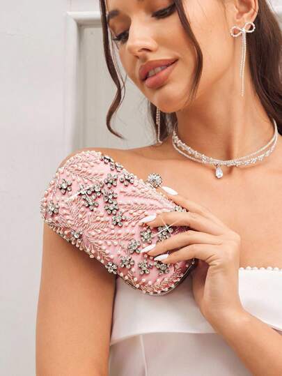 SHEIN Belle 女士时尚优雅水钻仿珍珠装饰晚装包