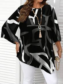 SHEIN CURVE+ Plus Size Casual Minimalist All-Over Retro Abstract Line Print Versatile Plus Size Shirt, Suitable For Spring, Summer, Autumn Chic Blouses For Women - Multicolor - View 5